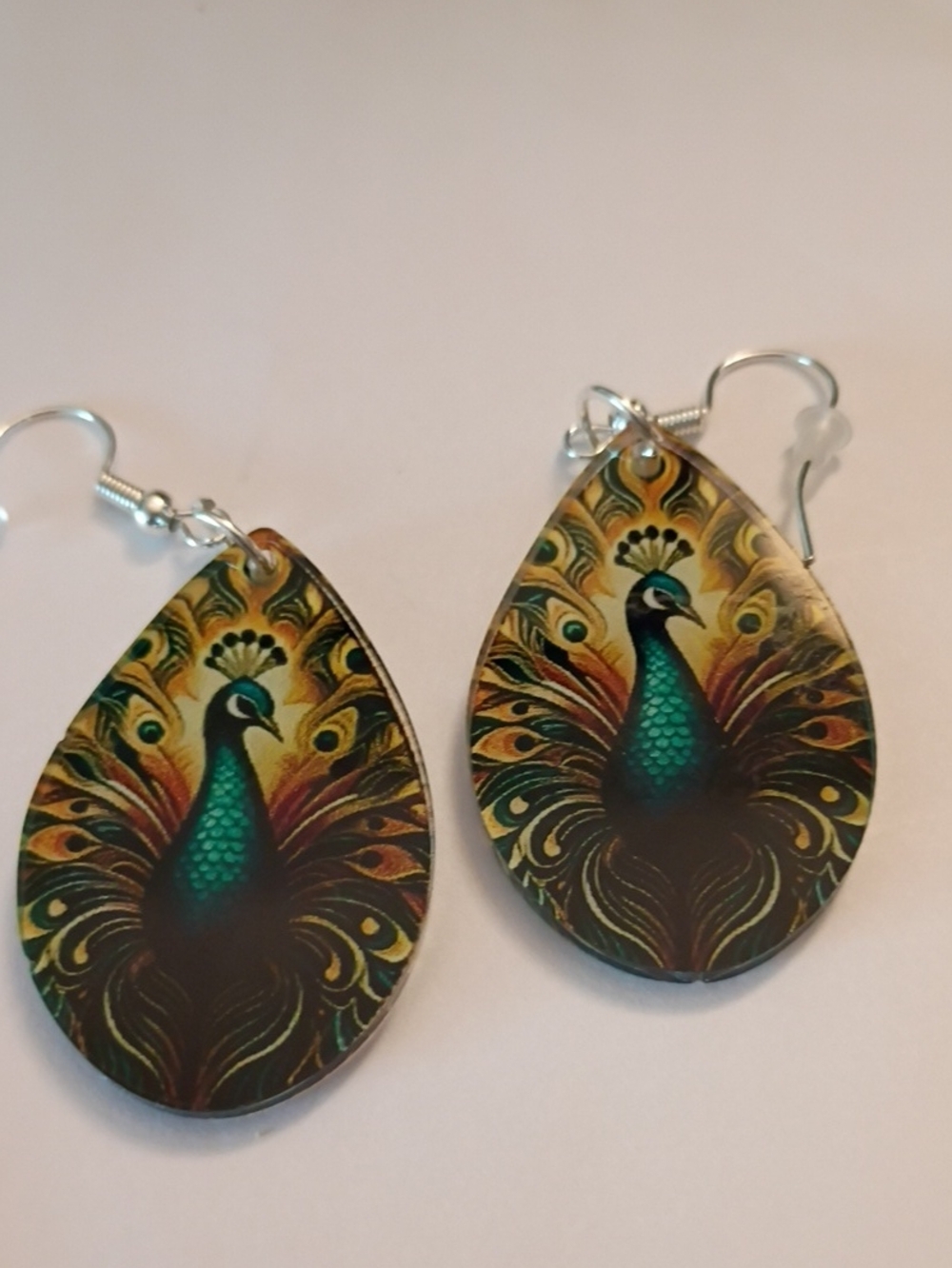 Peacock Teardrop Dangle Earrings - Green & Gold